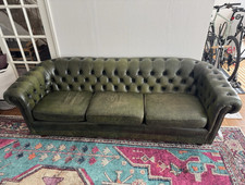Green Leather Chesterfield 3-Seater Sofa Rolled Arms 212x85x65cm
