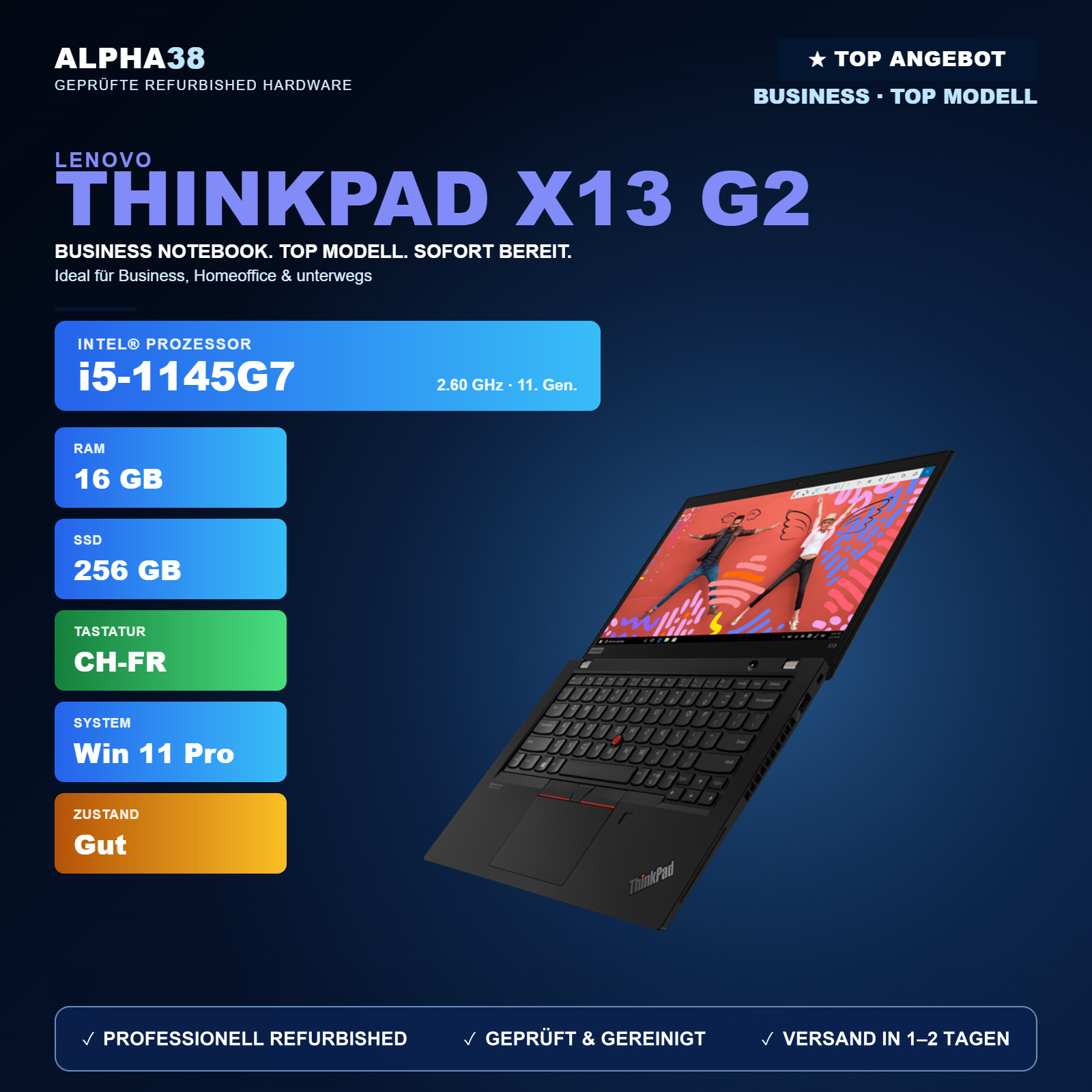 Lenovo ThinkPad X13 G2 Business i5-1145G7 16GB 256GB SSD Win11 Pro CH-FR