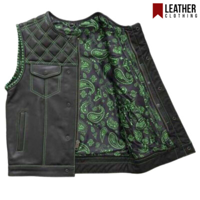Men's Leather Vest Custom Made Green Paisley Liner Motorcycle Waistcoat
