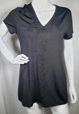 Ruby Ribbon Women Black Short Sleeve V-neck Trim Lace Top Size Extra Small 