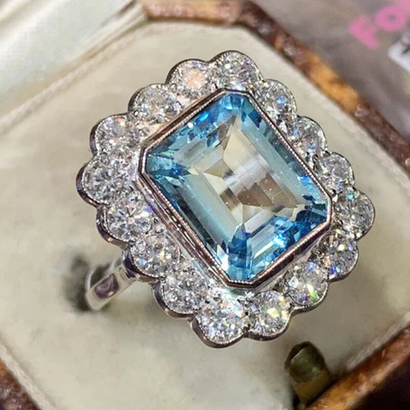 Anillo retro azul AAA cúbico circonita cúbica relleno de oro blanco regalo de cumpleaños para mujer talla 6-10 Foto 3 de 4