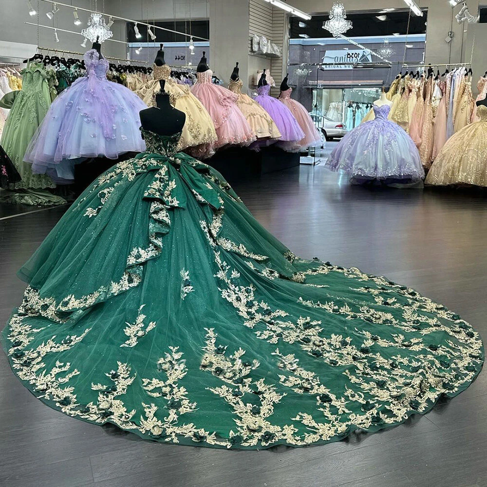 Emerald Green Quinceanera Dresses Ball Gown 3D Flowers Gold Appliques Sweet 15