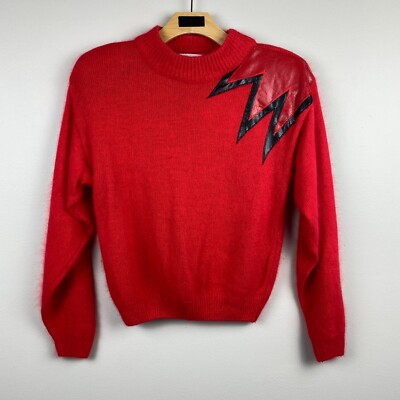 DB Sport Sweater Womens Large Red Silk Angora Faux Leather Knit Long Sleeve L