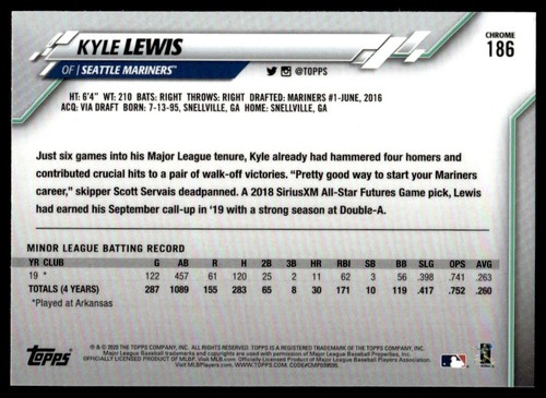 2020 Topps Chrome Kyle Lewis recrue G24 Seattle Mariners #186 - Photo 2 sur 2