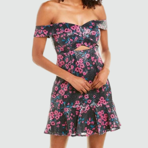 Floral Cocktail Dress Large Black Mini Pink Flounce Sequin Allover WAYF NWT-image