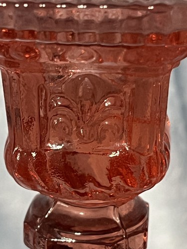 Vintage Pair Pink Pressed Glass Footed Candlestick Holders Fleur de Lis - Picture 2 of 7