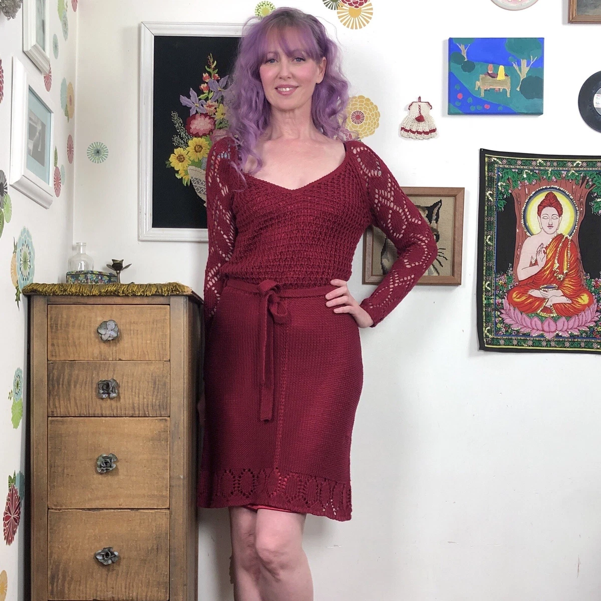Vertigo Crochet Dress Burgundy Open Knit Dress with Belt Size M