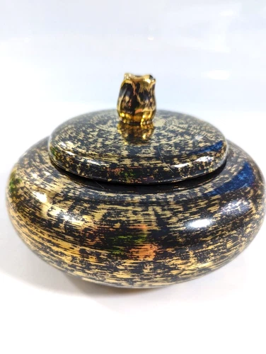 Stangl Black Gold Lidded Candy Dish Round Hand Painted 6.5x4