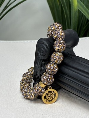 Rustic Cuff Gray Gold Emerson Beaded Stretch Bracelet Logo Gold Toned Charm