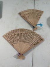 G1 Vtg 2 Pc Handheld Wooden Folding Fan Die Cut Intricate Floral Design Tassel