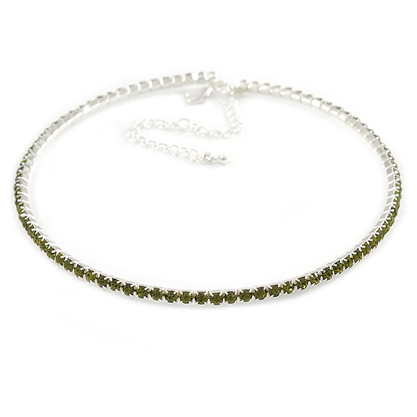 Thin Olive Green Top Grade Austrian Crystal Choker Necklace In Rhodium Plated