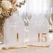 Frosted Arch Table Numbers 1-15 with Stands, Gold 3D Wedding Table Numbers
