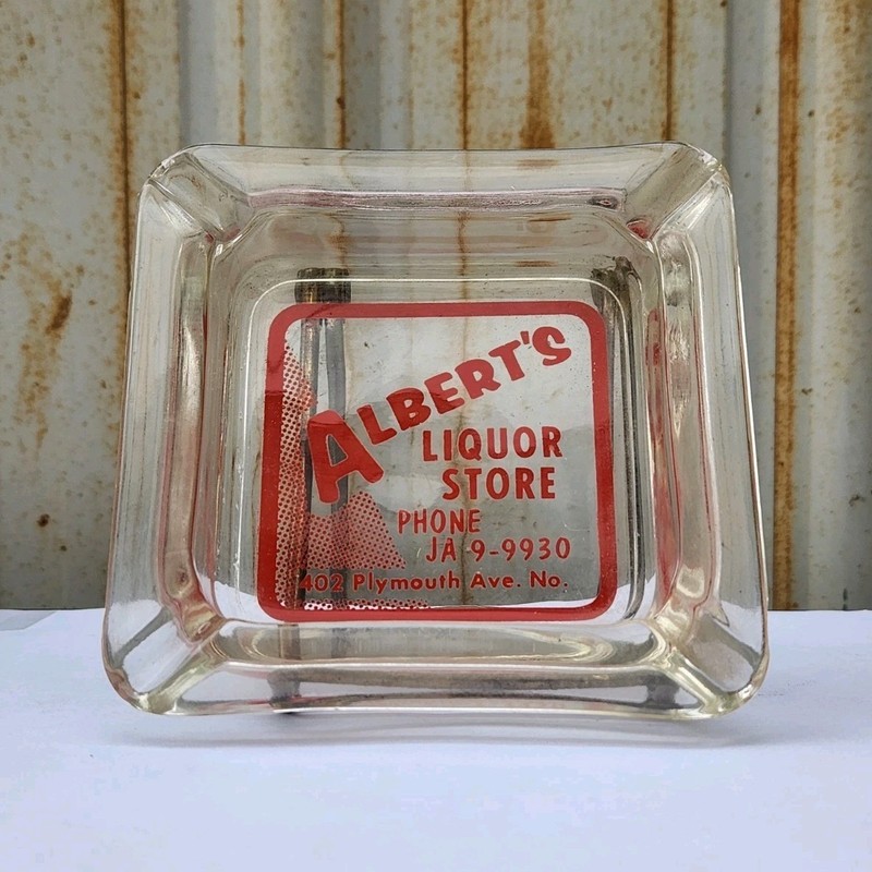 Vintage Ashtray Advertisement Albert's Liquor Store Clear Glass w/ Red Marketing