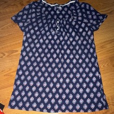 Chaps Blue Floral Knit Cotton Women’s S Short Sleeve Crew Neck Button