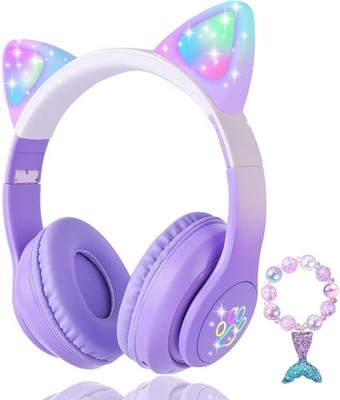 Foldable Cat Ear Kids Headphones with Mic - Ideal for School & Travel in Purple
