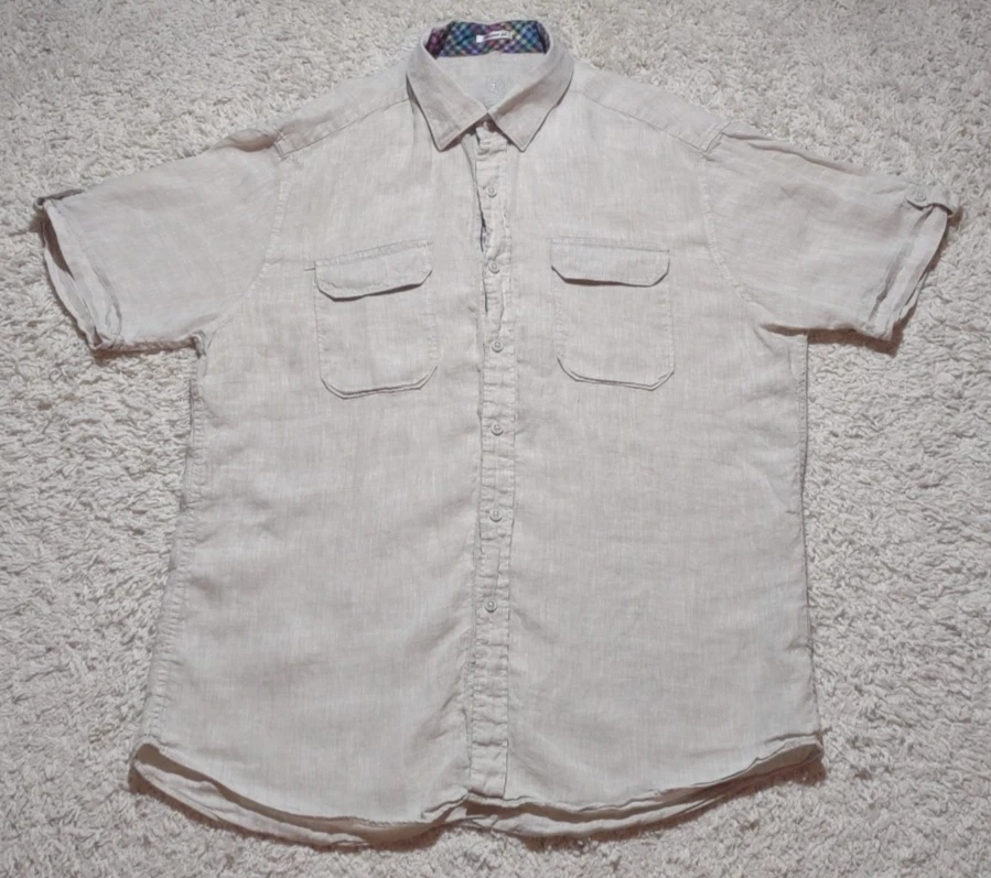 Bugatchi Uomo 100% Linen Shirt Men's Large Biege Button Up Short Sleeve Casual