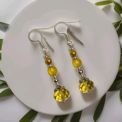 Vintage Style Yellow Crystal & Glass Earrings In Silver Plate. Drop Dangle - Picture 4 of 7