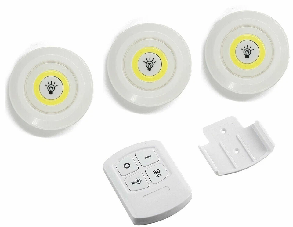 Set 3x Luce LED COB con Telecomando Luce regolabile Lampada a disco da armadio - Immagine 3 di 4
