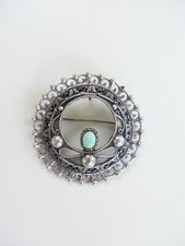 Vtg Egyptian Silver Cannetille Brooch Pendant w Turquoise Accent, Trombone Clasp