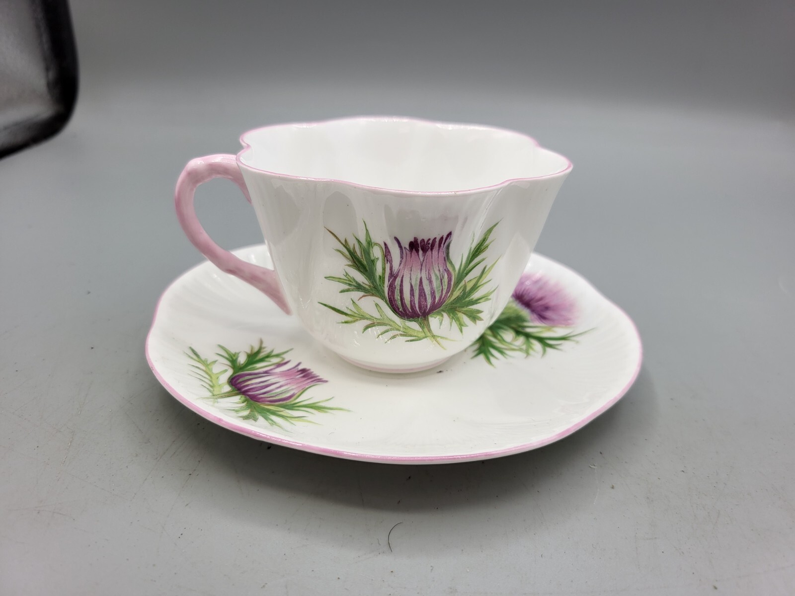 Shelley Thistle Pattern Trio White Pink Fine Bone China Teacup And