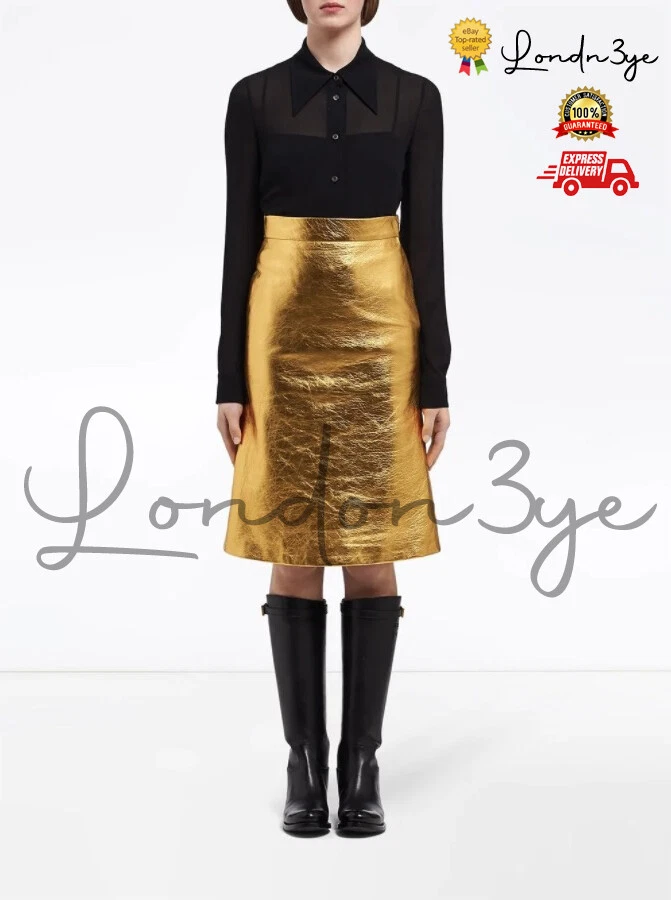 Women Cowhide Skirt Long Bottoms Womens Metallic Gold Pencil Real Leather Skirts