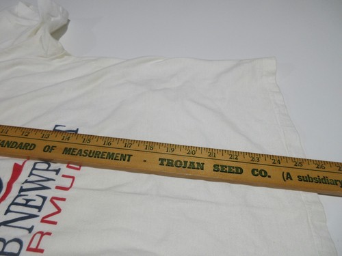 White Sz L men’s T-shirt with red “Bermuda” text, Troyan Seed Co. logo, and yellow measurement tape.