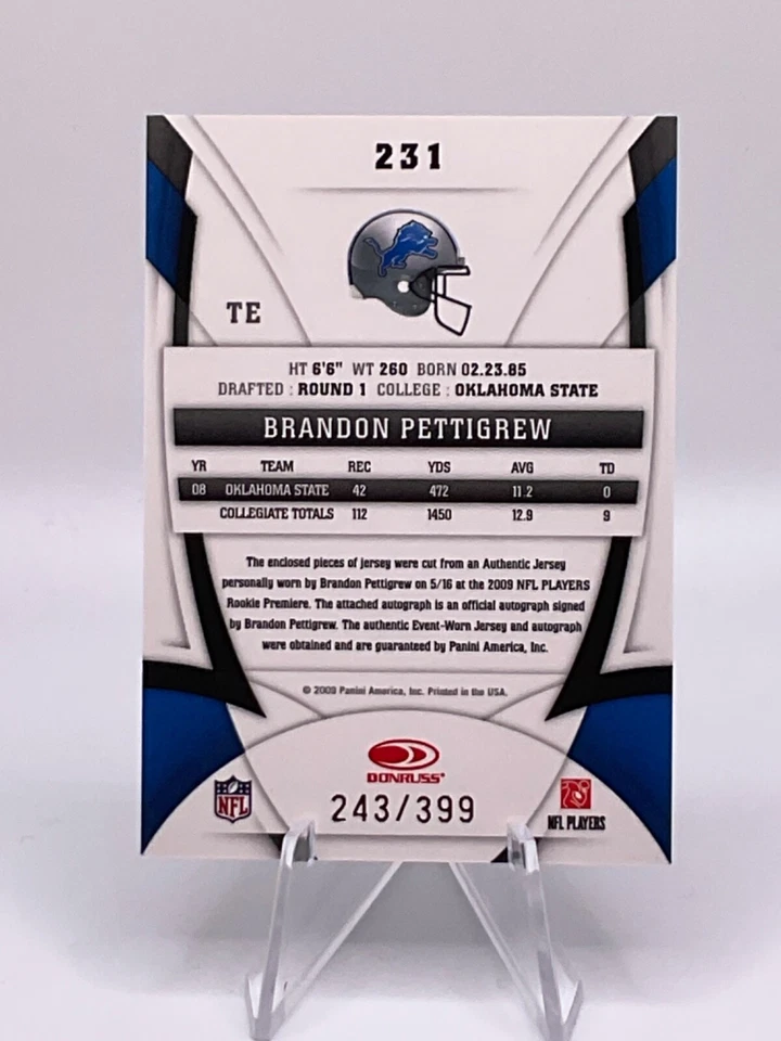 Brandon Pettigrew 2009 Certified Freshman Fabric #231 Auto /399 RC Lions Sharp! - Image 2 of 2