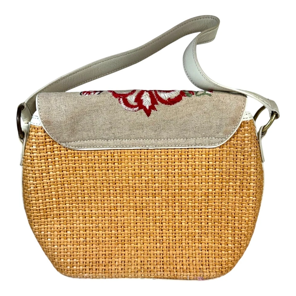 Kate Landry Embroidered Floral Flowers Butterfly Straw Wicker & Linen Handbag - Image 3 of 4