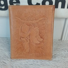 VTG Western Cowboy Longhorn Hand Tooled Bifold Lambskin Leather Wallet 5 x 4  