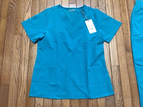 New Mandala Medium Teal High Waist Scrub Jogger Tall Pants Set, V-neck (Z8-1) - Picture 2 of 15