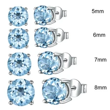 Round Cut Sky Blue Topaz Stud Earrings 925 Sterling Silver Men Women 2PC Earring