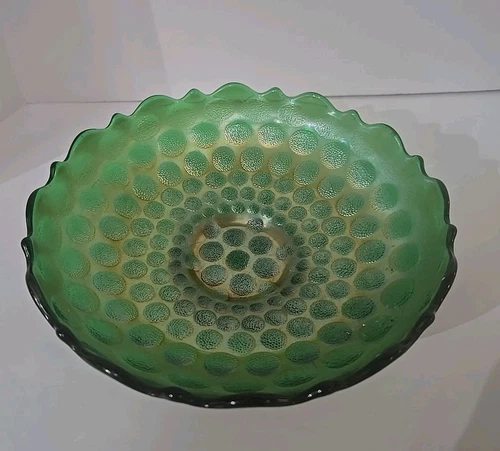 Fenton iridescent Green Stippled Coin Dot Carnival Glass Bowl 7"