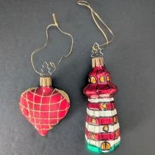 Vintage Mercury Glass Christmas Ornaments Set Of 2 Heart & Lighthouse