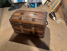 Vintage Travel Chest in wood and leather with brass bands and iron fittings