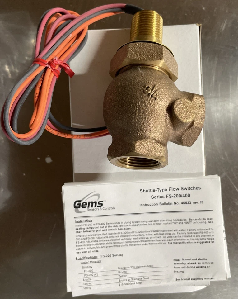 Nuevo interruptor de flujo ajustable GEMS 26601 FS-400ADJ.75,BZ,2.-8.GPM FS-400 Series Foto 2 de 2