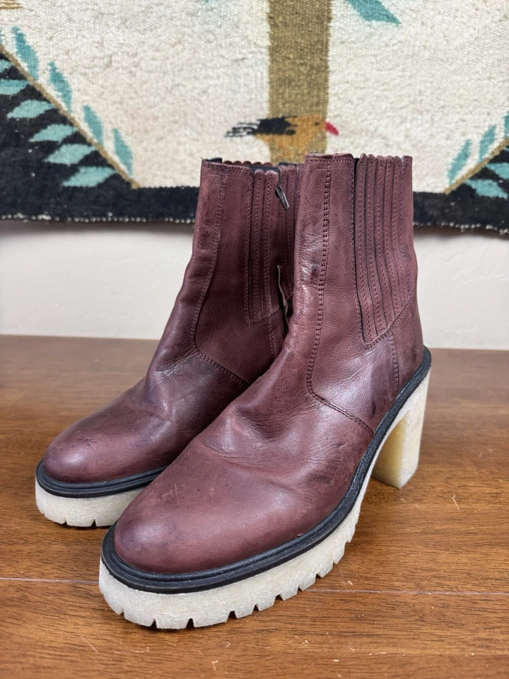 Botas Free People Tacón Grueso Cuero Borgoña Talla 39 Hechas en España  Foto 2 de 4