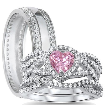 His and Her Wedding Engagement Ring Set Simulated Topaz Pink CZ Sterling Silver