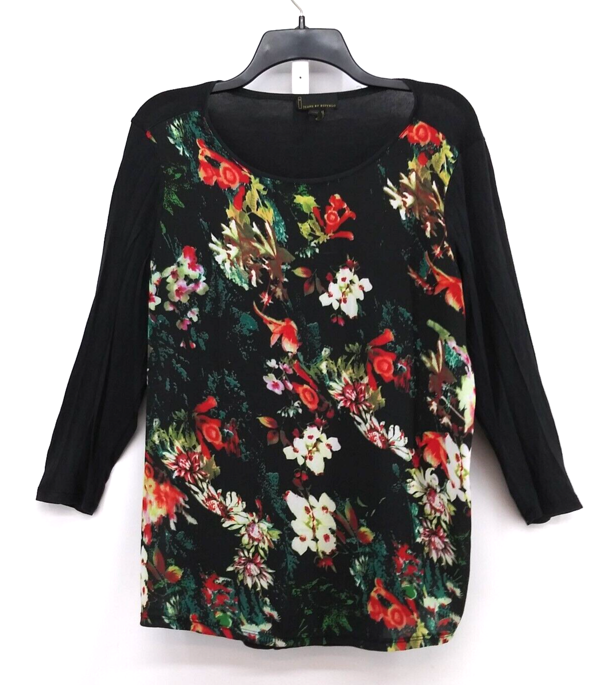 Jeans By Buffalo Shirt Womens Size XL Black Floral 3/4 Sleeve Pullover Blouse-image