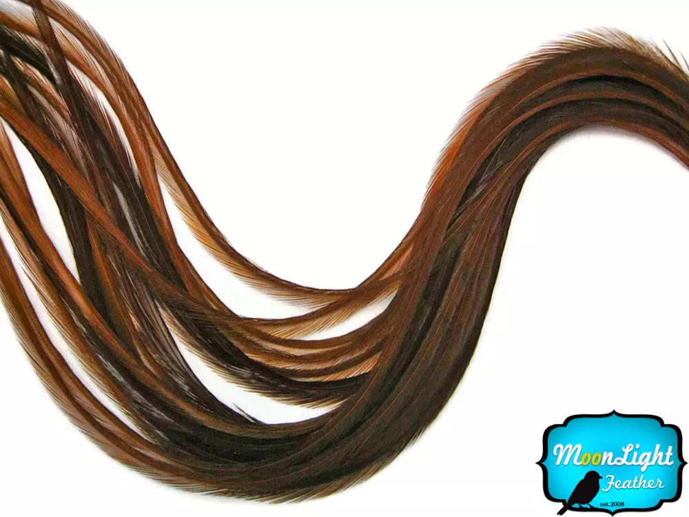 6 Pieces - XL SOLID BROWN Thin Rooster Hair Extension Feathers