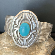 Mens Blue Kingman Turquoise Navajo Sterling Silver Cuff Bracelet 1654