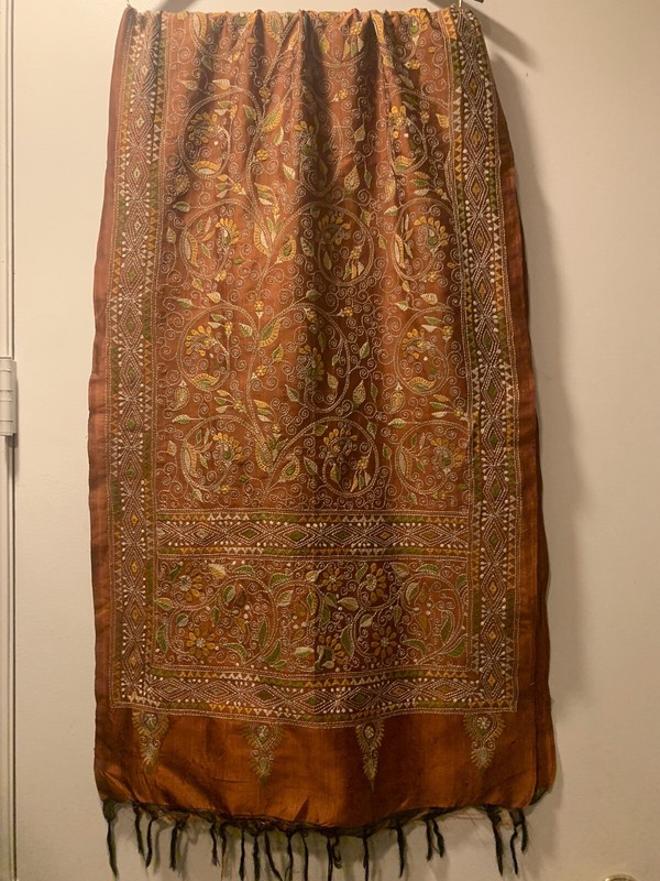 NEW HEIRLOOM LONG STOLE SCARF HAND EMBROIDERED WRAP KANTHA RUST ORANGE PURE SILK