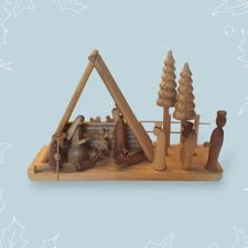 Vintage 70s Wooden Carved Nativity Set And Crèche Christmas Manger 10"x6"