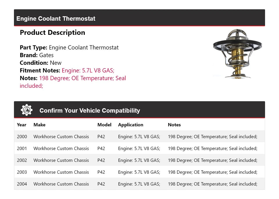 For 2000-2004 Workhorse Custom Chassis P42 Engine Coolant Thermostat Gates 2001 - Image 2 of 4
