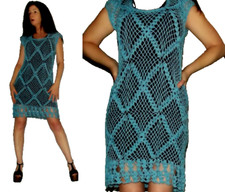 SALE! ML Vtg 70s 80s BLUE Hand Knit Crocheted Cut Out Scoop Neck Lace Mini Dress