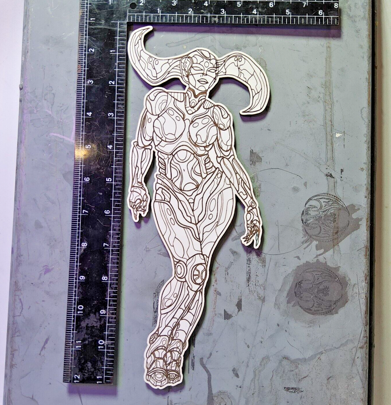 Laser engraved cut pinup robot warrior wooden digital art print magnet 5x12