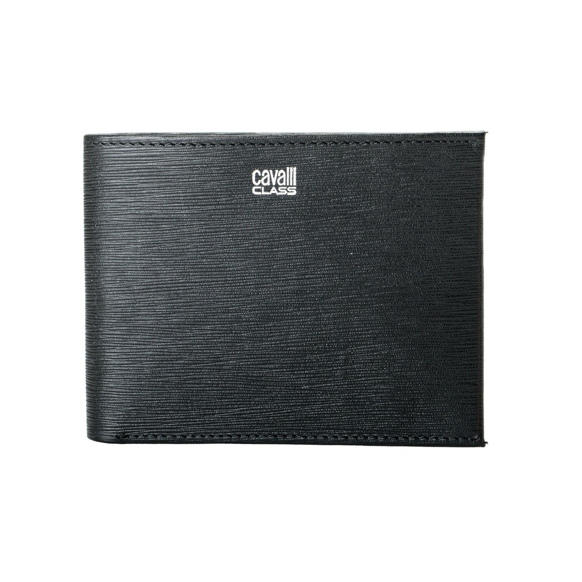 ◆CAVALLI CLASS ブランドロゴレザーウォレット Cavalli Class Men's Black Logo Print Textured Leather Bifold