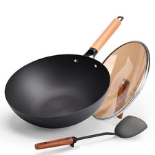12.6" Carbon Steel Wok with Lid, Flat Bottom Wok Pan for Induction and Gas St...