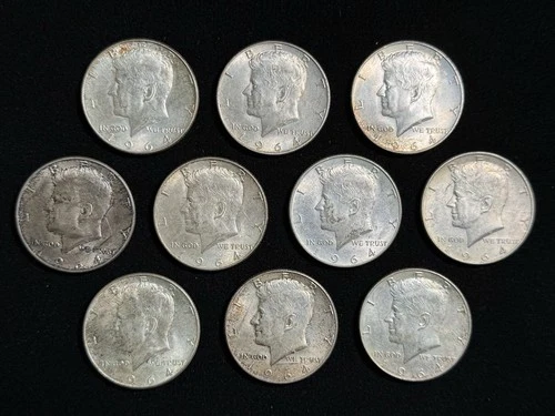 10 Lot - 1964 Mixed Kennedy Half Dollars - Fine Condition - 90% Silver - ¢50