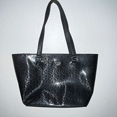 GUESS Black Logo Zip Top Tote Double Handles Lined Beige Interior Pockets