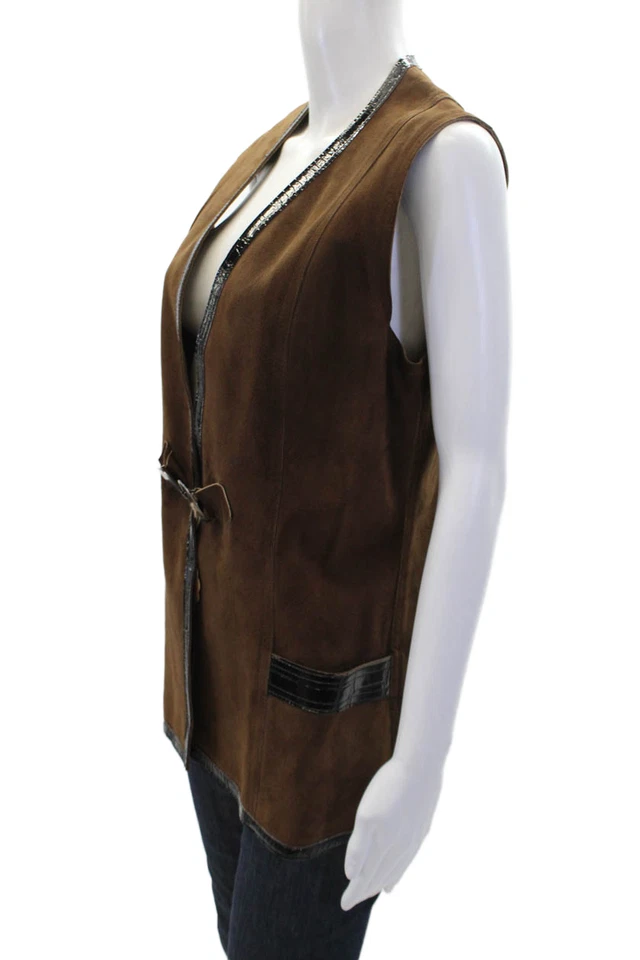 Chaleco Chaqueta de Gamuza Cuello en V Delantero Gancho para Mujer Marrón Negro Talla Grande Foto 2 de 3